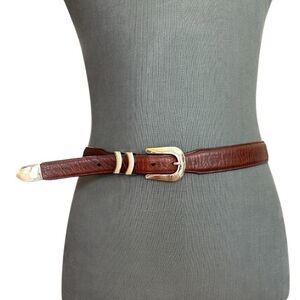 Mens Belt ORVIS Brown Bison Leather Tapered-Edge Gold Buckle Belt Dress Belt